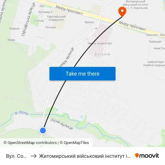 Вул. Соснова to Житомирський військовий інститут ім. С.П.Корольова map