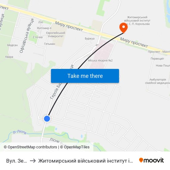 Вул. Зелена to Житомирський військовий інститут ім. С.П.Корольова map