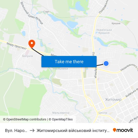 Вул. Народицька to Житомирський військовий інститут ім. С.П.Корольова map