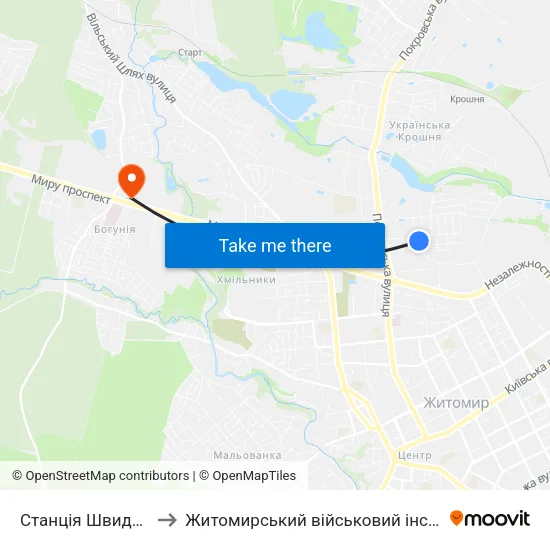 Станція Швидкої Допомоги to Житомирський військовий інститут ім. С.П.Корольова map