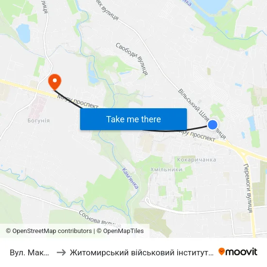 Вул. Максютова to Житомирський військовий інститут ім. С.П.Корольова map