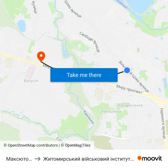 Максютова 27а to Житомирський військовий інститут ім. С.П.Корольова map