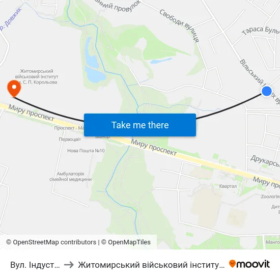Вул. Індустріальна to Житомирський військовий інститут ім. С.П.Корольова map