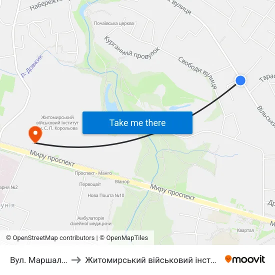 Вул. Маршала Рибалка to Житомирський військовий інститут ім. С.П.Корольова map