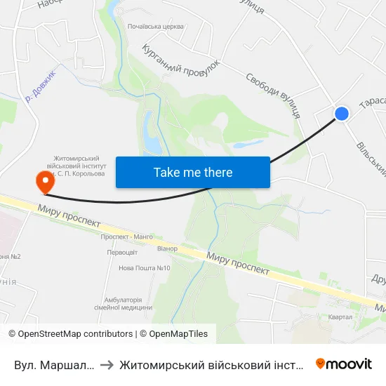 Вул. Маршала Рибалка to Житомирський військовий інститут ім. С.П.Корольова map