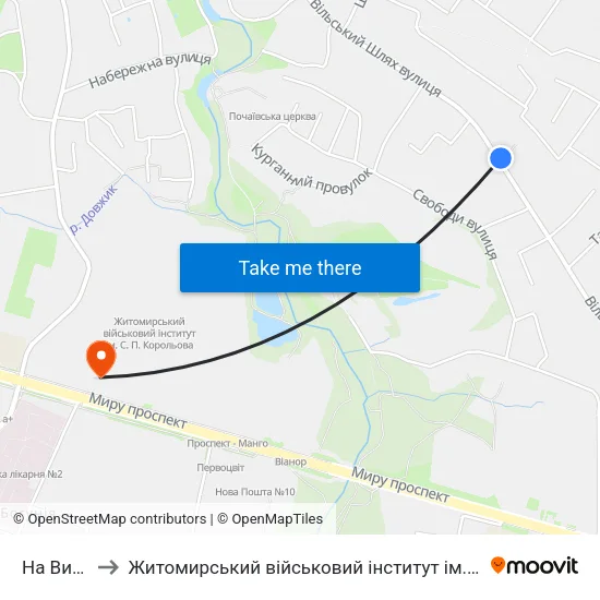 На Вимогу to Житомирський військовий інститут ім. С.П.Корольова map