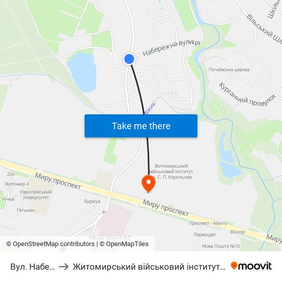 Вул. Набережна to Житомирський військовий інститут ім. С.П.Корольова map