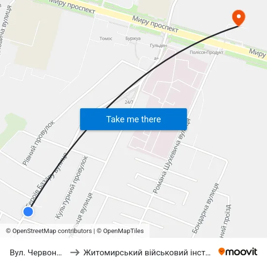 Вул. Червоноармійська to Житомирський військовий інститут ім. С.П.Корольова map