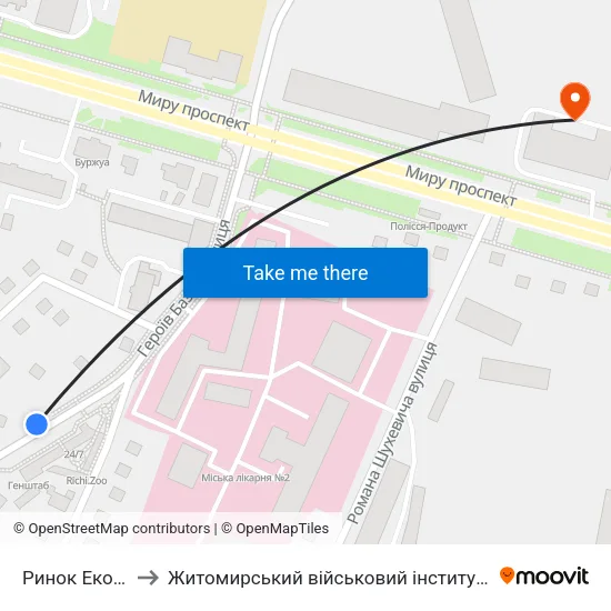 Ринок Економний to Житомирський військовий інститут ім. С.П.Корольова map