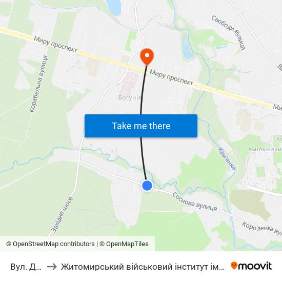 Вул. Дачна to Житомирський військовий інститут ім. С.П.Корольова map