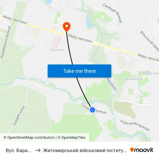 Вул. Барашівська to Житомирський військовий інститут ім. С.П.Корольова map