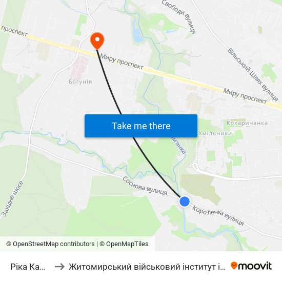 Ріка Кам'Янка to Житомирський військовий інститут ім. С.П.Корольова map