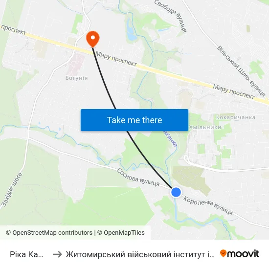 Ріка Кам'Янка to Житомирський військовий інститут ім. С.П.Корольова map