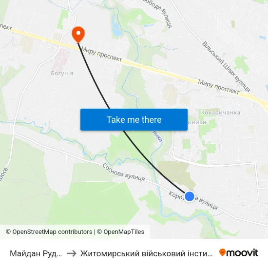 Майдан Руднянський to Житомирський військовий інститут ім. С.П.Корольова map
