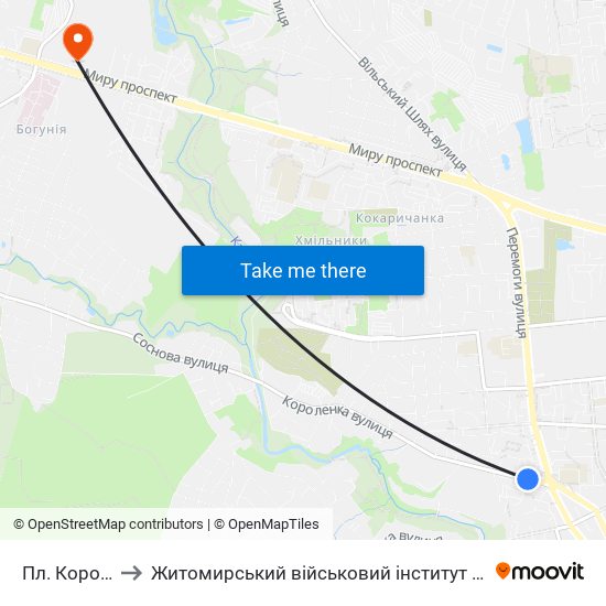 Пл. Короленка to Житомирський військовий інститут ім. С.П.Корольова map