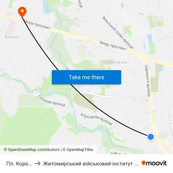 Пл. Короленка to Житомирський військовий інститут ім. С.П.Корольова map