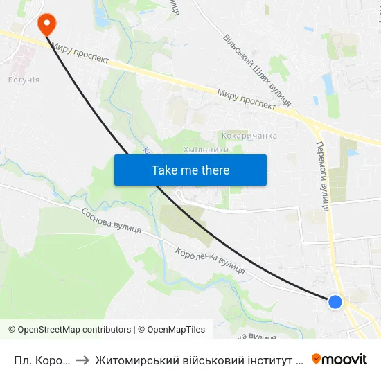 Пл. Короленка to Житомирський військовий інститут ім. С.П.Корольова map