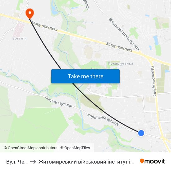 Вул. Чехова to Житомирський військовий інститут ім. С.П.Корольова map