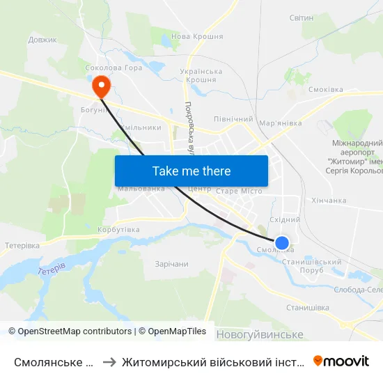 Смолянське Кладовище to Житомирський військовий інститут ім. С.П.Корольова map