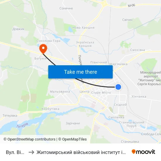 Вул. Вітрука to Житомирський військовий інститут ім. С.П.Корольова map