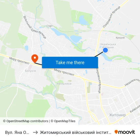 Вул. Яна Охоцького to Житомирський військовий інститут ім. С.П.Корольова map