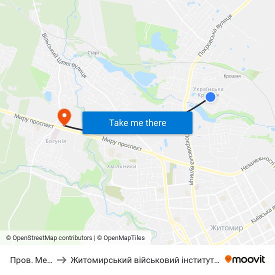 Пров. Медовий to Житомирський військовий інститут ім. С.П.Корольова map