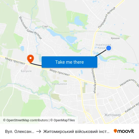Вул. Олександра Олеся to Житомирський військовий інститут ім. С.П.Корольова map