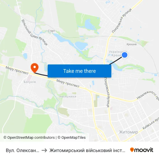 Вул. Олександра Олеся to Житомирський військовий інститут ім. С.П.Корольова map