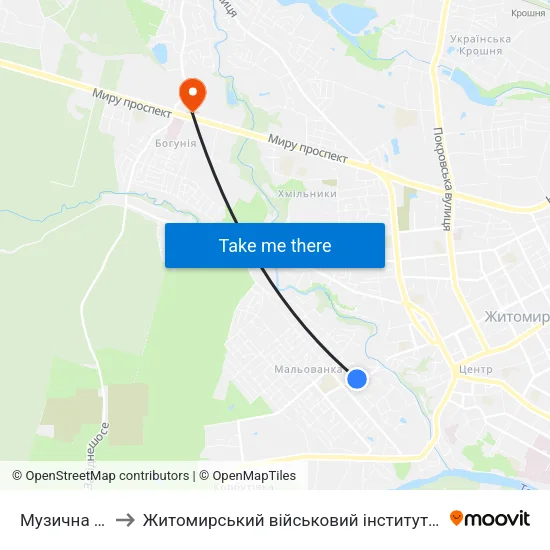 Музична Школа to Житомирський військовий інститут ім. С.П.Корольова map