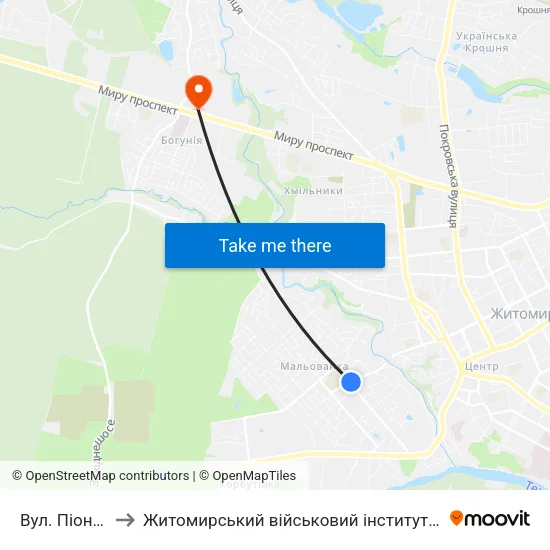 Вул. Піонерська to Житомирський військовий інститут ім. С.П.Корольова map