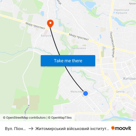 Вул. Піонерська to Житомирський військовий інститут ім. С.П.Корольова map