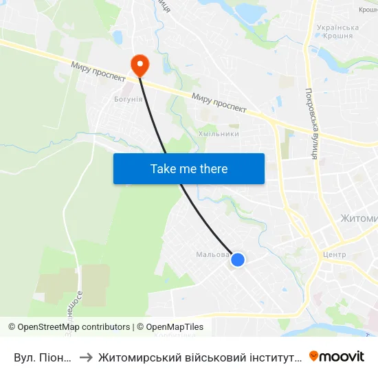Вул. Піонерська to Житомирський військовий інститут ім. С.П.Корольова map