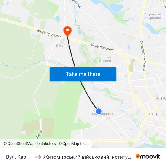 Вул. Кармелюка to Житомирський військовий інститут ім. С.П.Корольова map