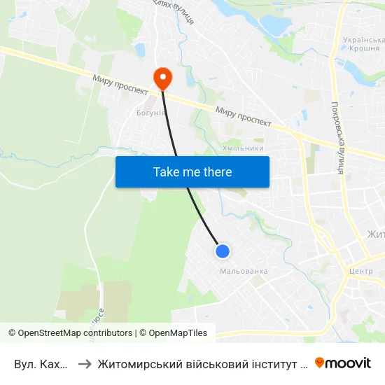 Вул. Каховська to Житомирський військовий інститут ім. С.П.Корольова map