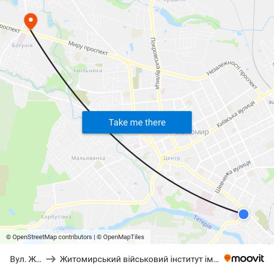 Вул. Жуйка to Житомирський військовий інститут ім. С.П.Корольова map