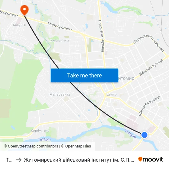 Тес to Житомирський військовий інститут ім. С.П.Корольова map