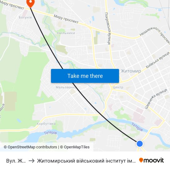 Вул. Жуйка to Житомирський військовий інститут ім. С.П.Корольова map