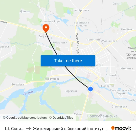Ш. Сквирське to Житомирський військовий інститут ім. С.П.Корольова map