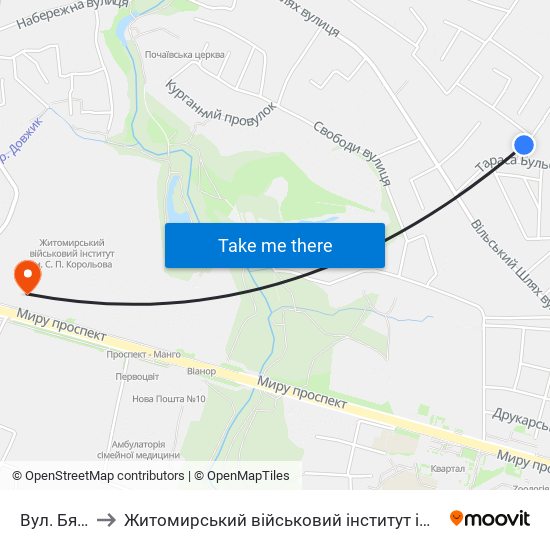 Вул. Бялика to Житомирський військовий інститут ім. С.П.Корольова map