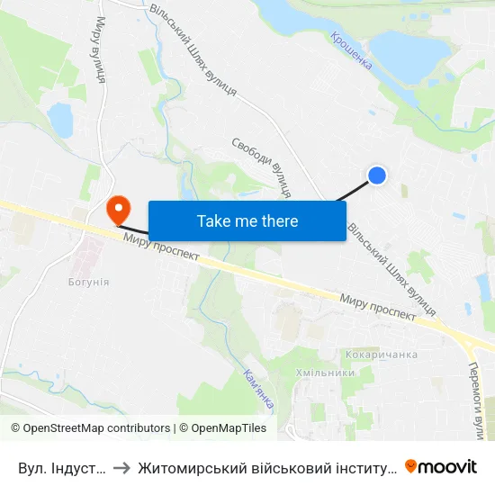 Вул. Індустріальна to Житомирський військовий інститут ім. С.П.Корольова map