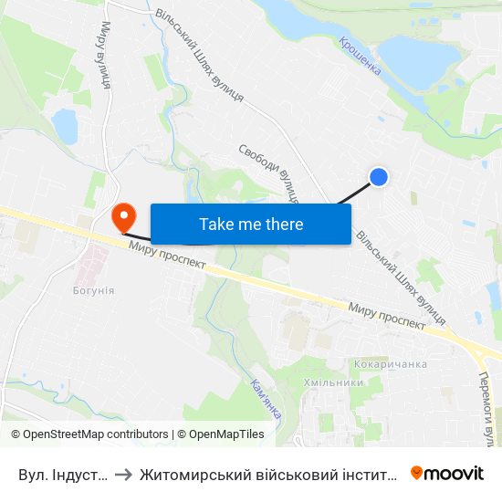 Вул. Індустріальна to Житомирський військовий інститут ім. С.П.Корольова map