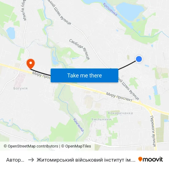 Авторинок to Житомирський військовий інститут ім. С.П.Корольова map