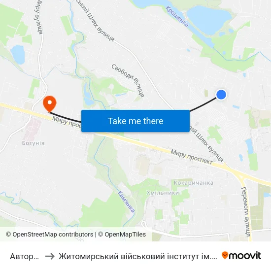 Авторинок to Житомирський військовий інститут ім. С.П.Корольова map