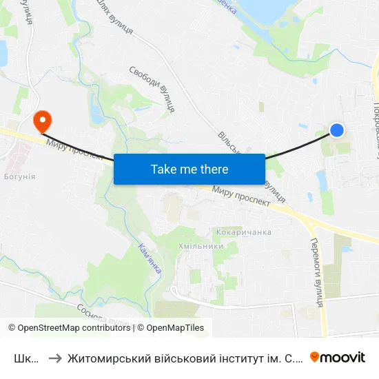 Школи to Житомирський військовий інститут ім. С.П.Корольова map
