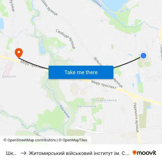 Школи to Житомирський військовий інститут ім. С.П.Корольова map