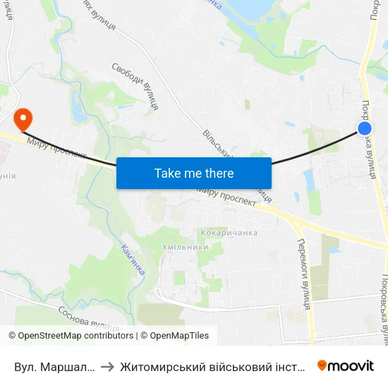 Вул. Маршала Рибалка to Житомирський військовий інститут ім. С.П.Корольова map