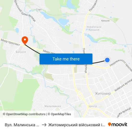 Вул. Малинська (Оптовий Ринок) to Житомирський військовий інститут ім. С.П.Корольова map