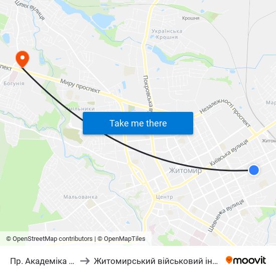 Пр. Академіка Тутковського to Житомирський військовий інститут ім. С.П.Корольова map