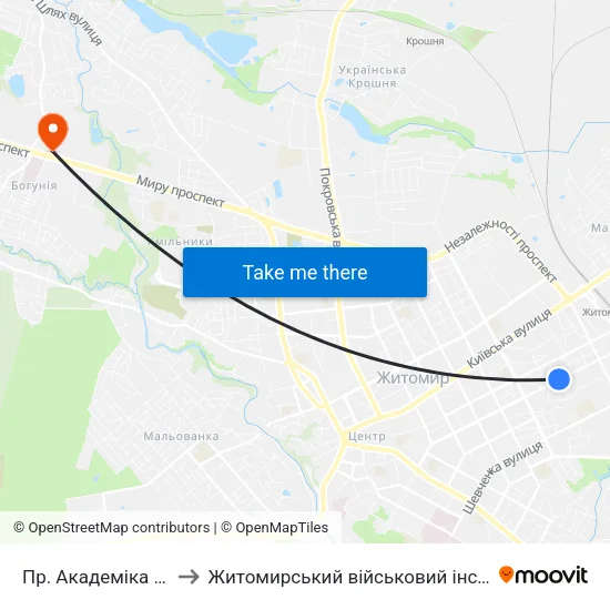 Пр. Академіка Тутковського to Житомирський військовий інститут ім. С.П.Корольова map