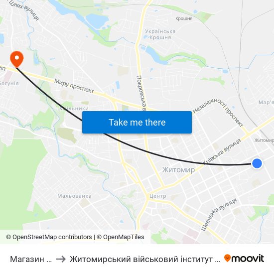 Магазин Квара to Житомирський військовий інститут ім. С.П.Корольова map